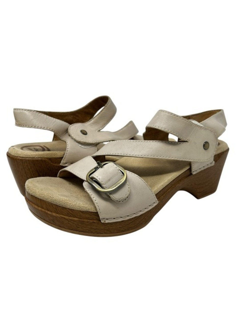 Dansko Beige Leather Buckle Clog Sandals with Ankle Strap